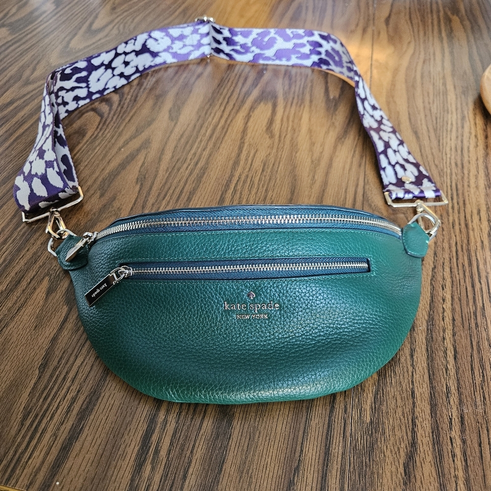 Kate spade green leather belt bag with POM POM LONDON strap